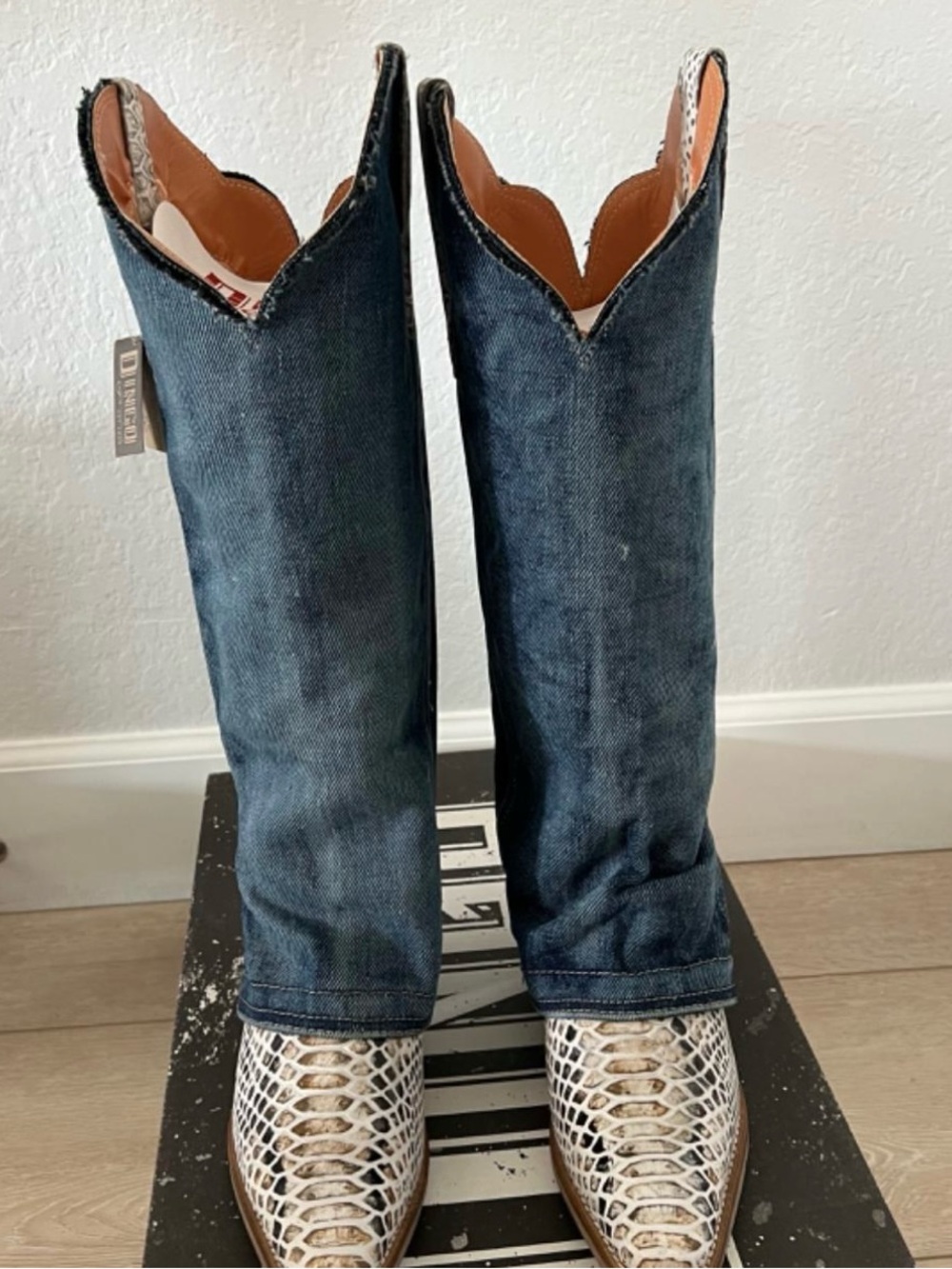 dingo Blue Denim Bootcut Western Boots with White Snake-Print Toe